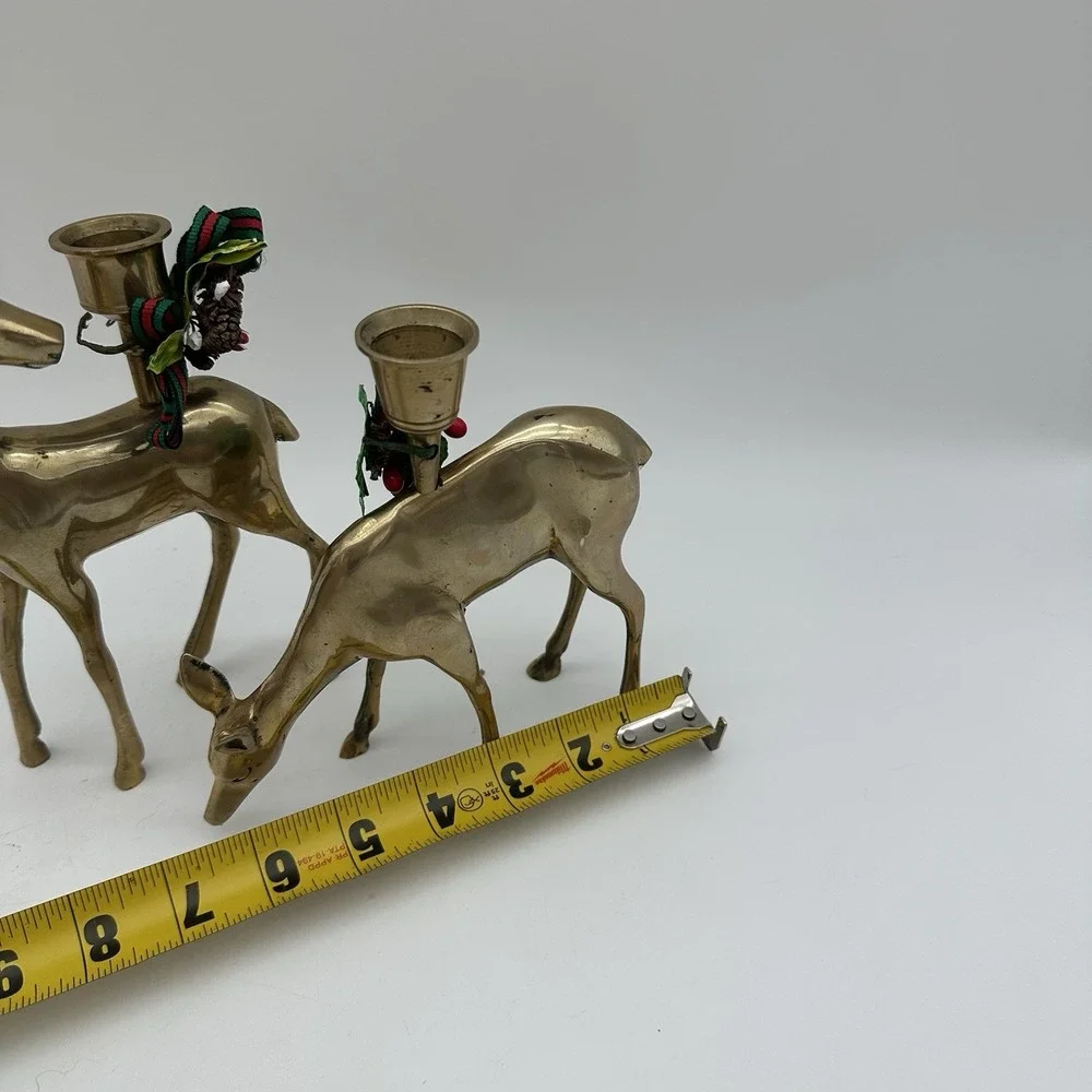 2 Vintage Brass Reindeer Candle Sticks Holders Buck and Doe Set Large Antlers